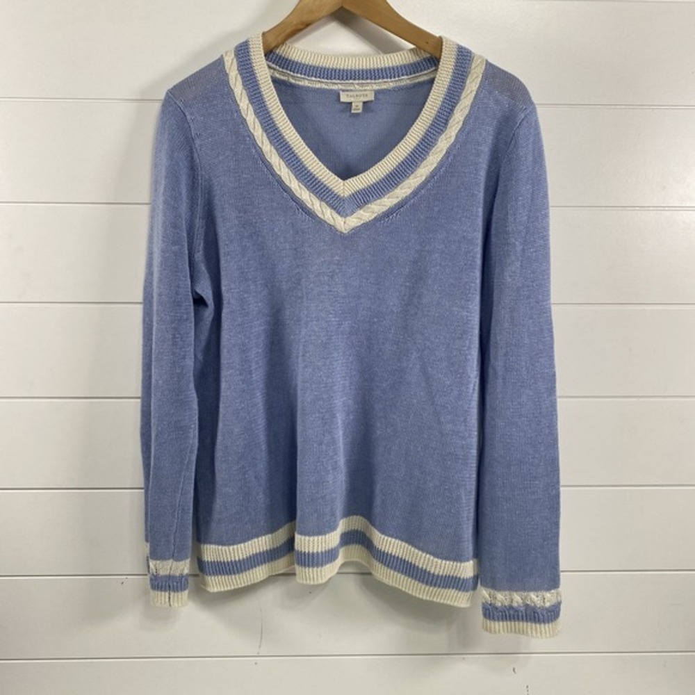 Talbots 100% Linen Blue and Cream V-Neck Sweater